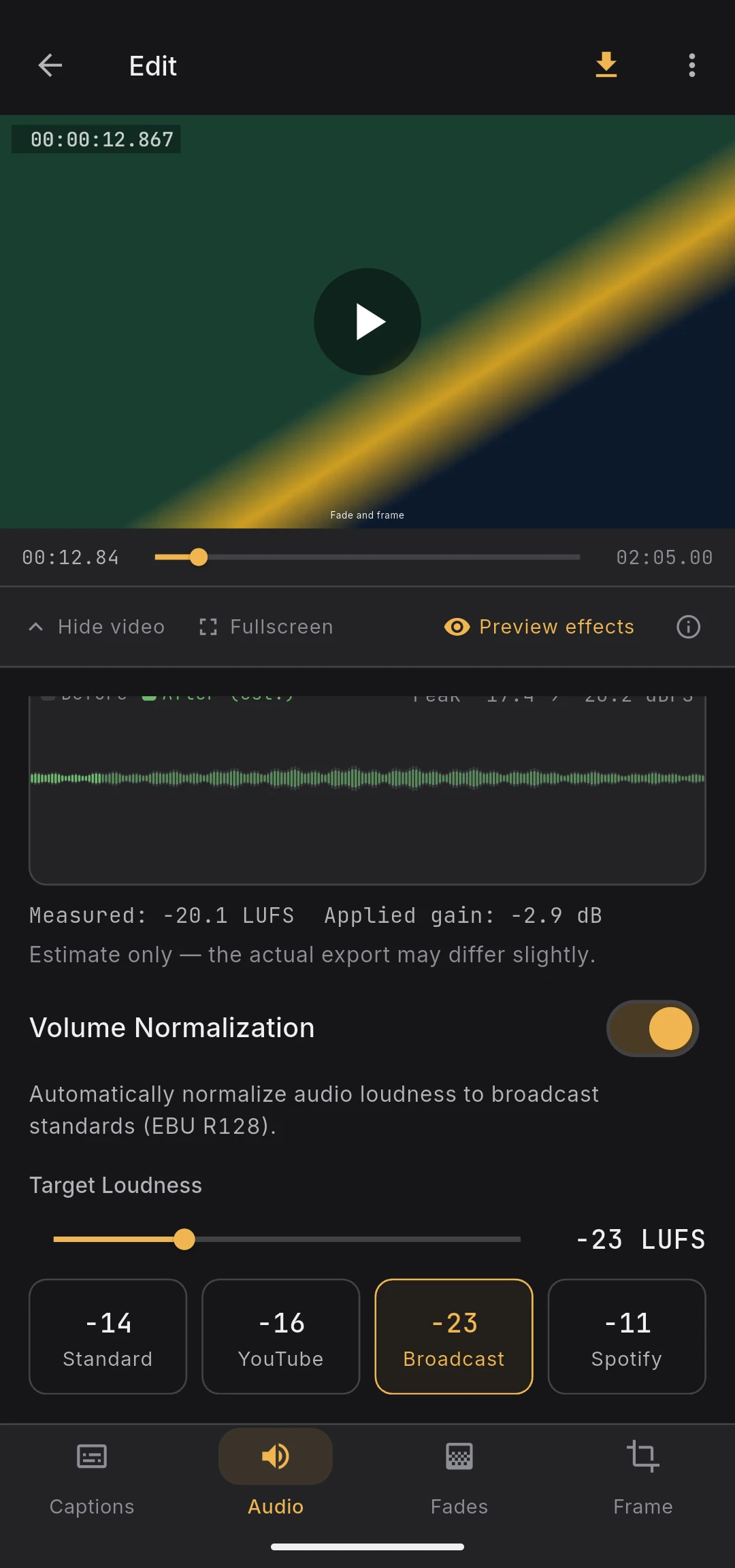 Measured loudness and applied gain shown under the waveform, noted as an estimate