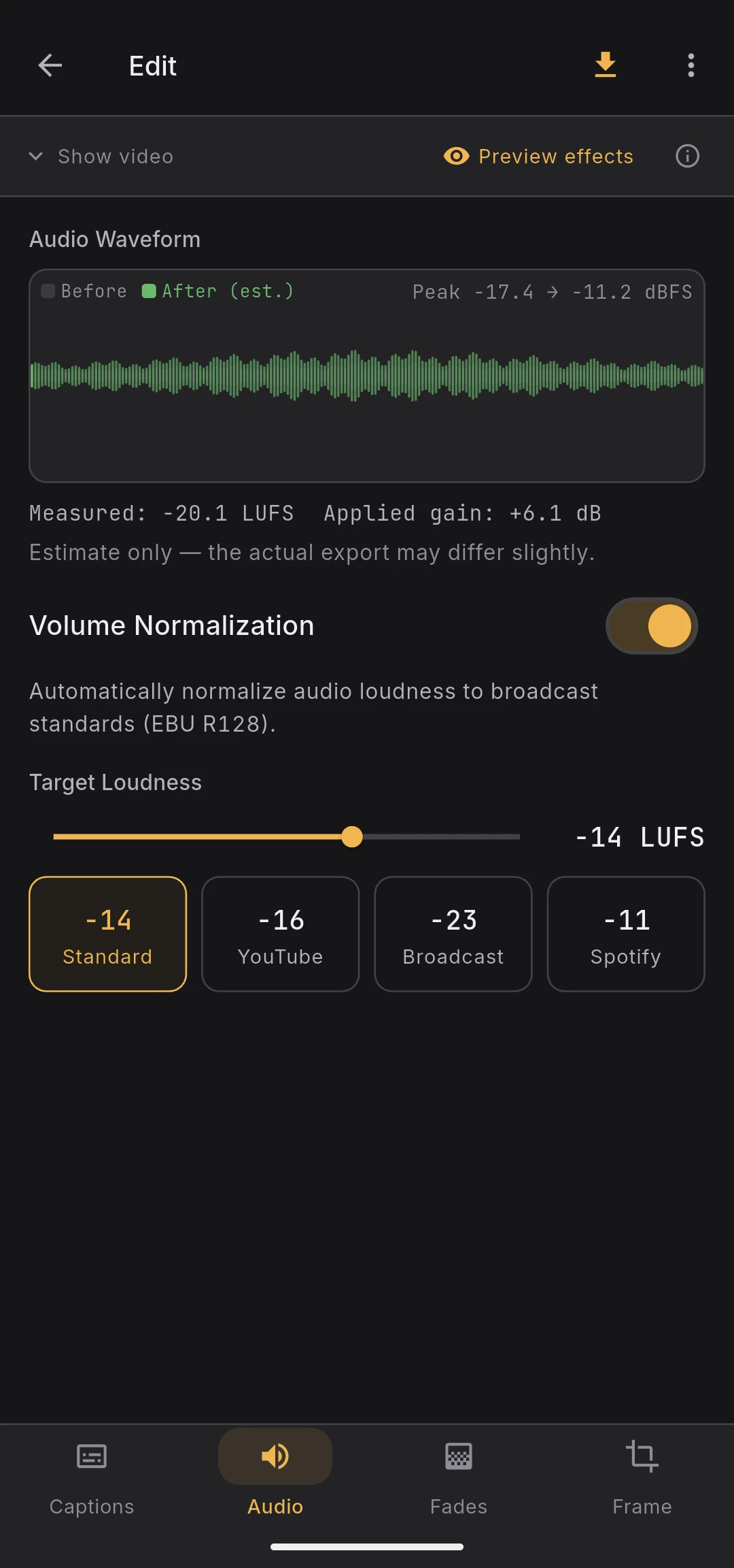 Audio tab overview with waveform, normalization toggle, LUFS slider, and presets