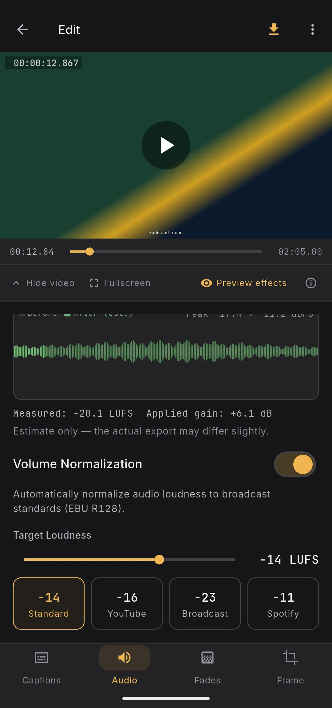 Loudness preset buttons: standard, YouTube, broadcast, Spotify
