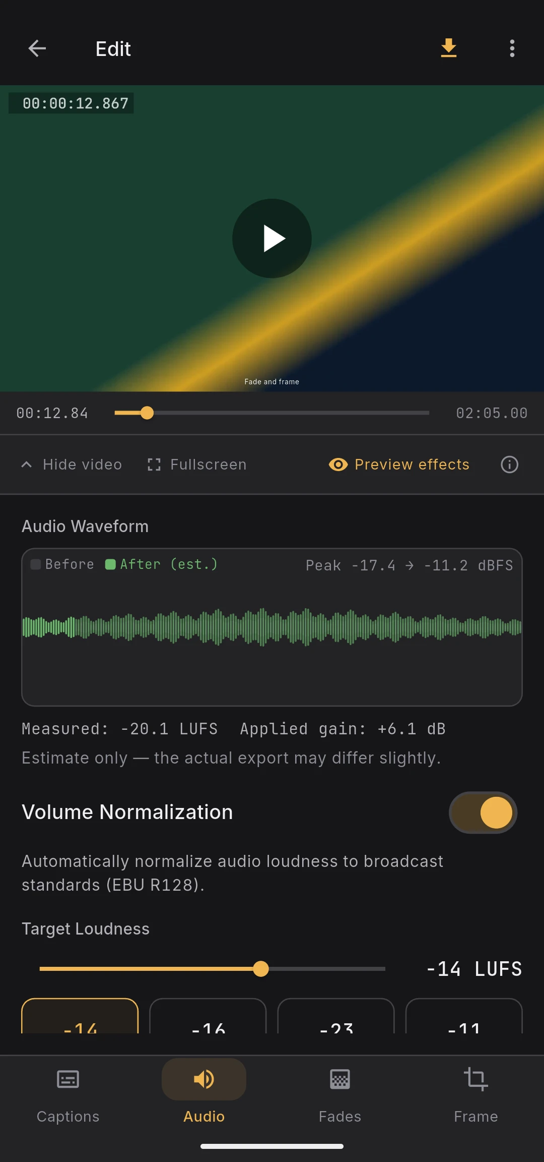 Before / after waveform comparison with playback head highlight