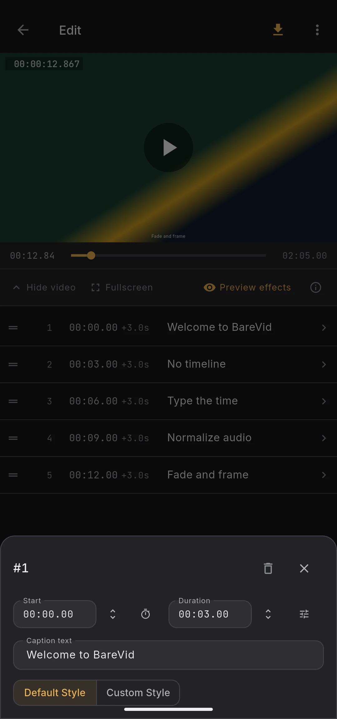 Caption edit sheet with text, start time, and duration fields