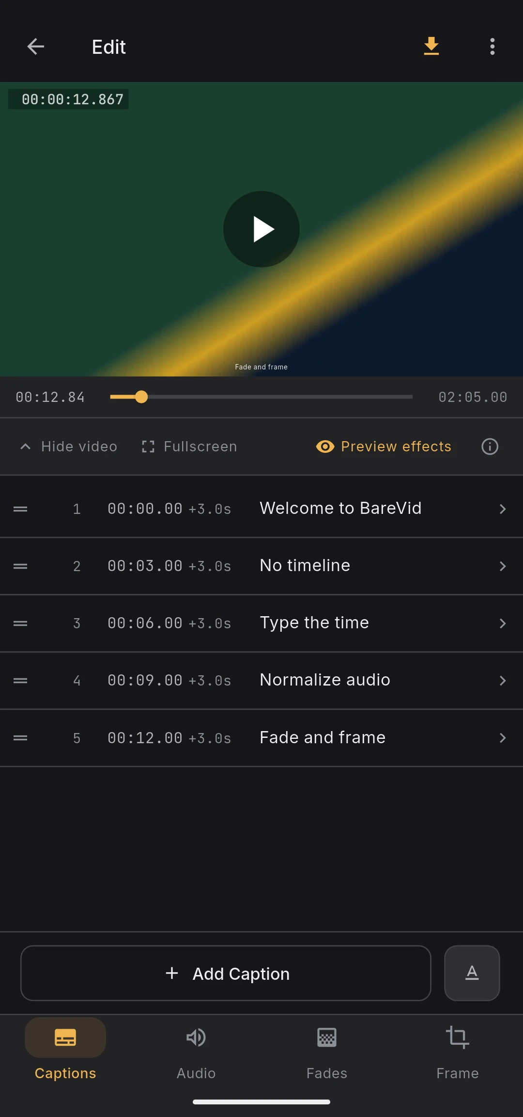 Captions tab showing the video preview, caption list, and add caption button