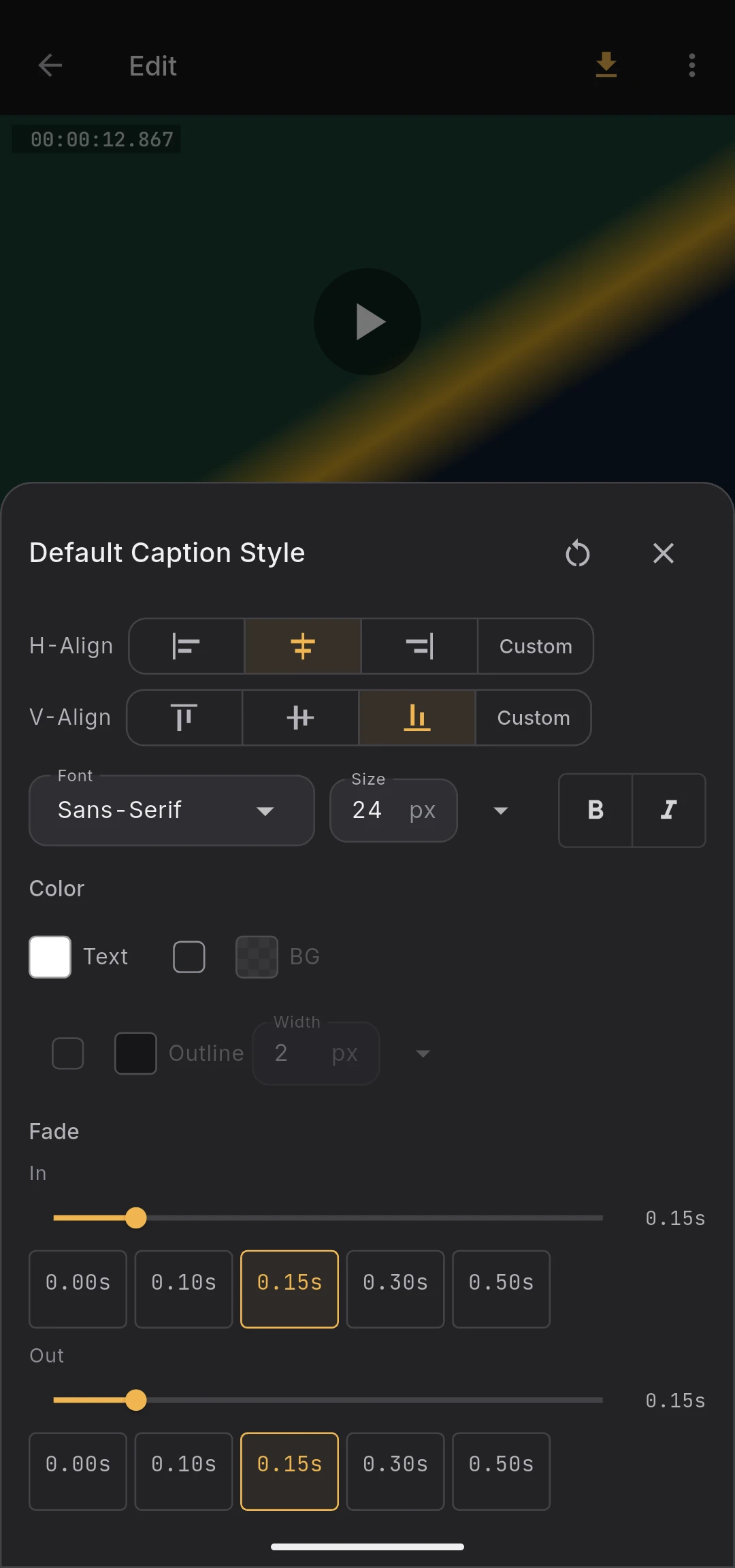 Default caption style editor with font, color, outline, and position fields