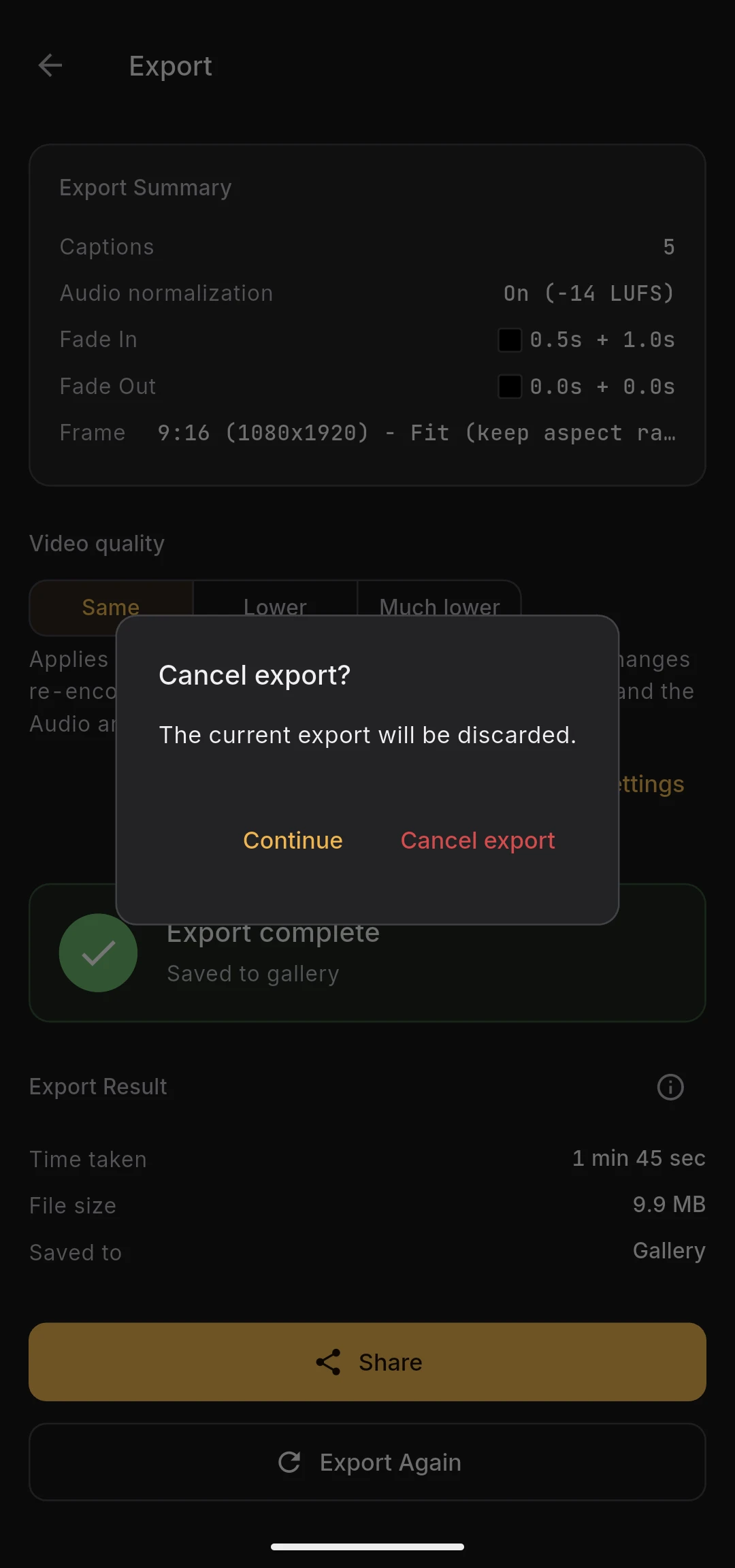 Confirmation dialog shown when tapping back during an export