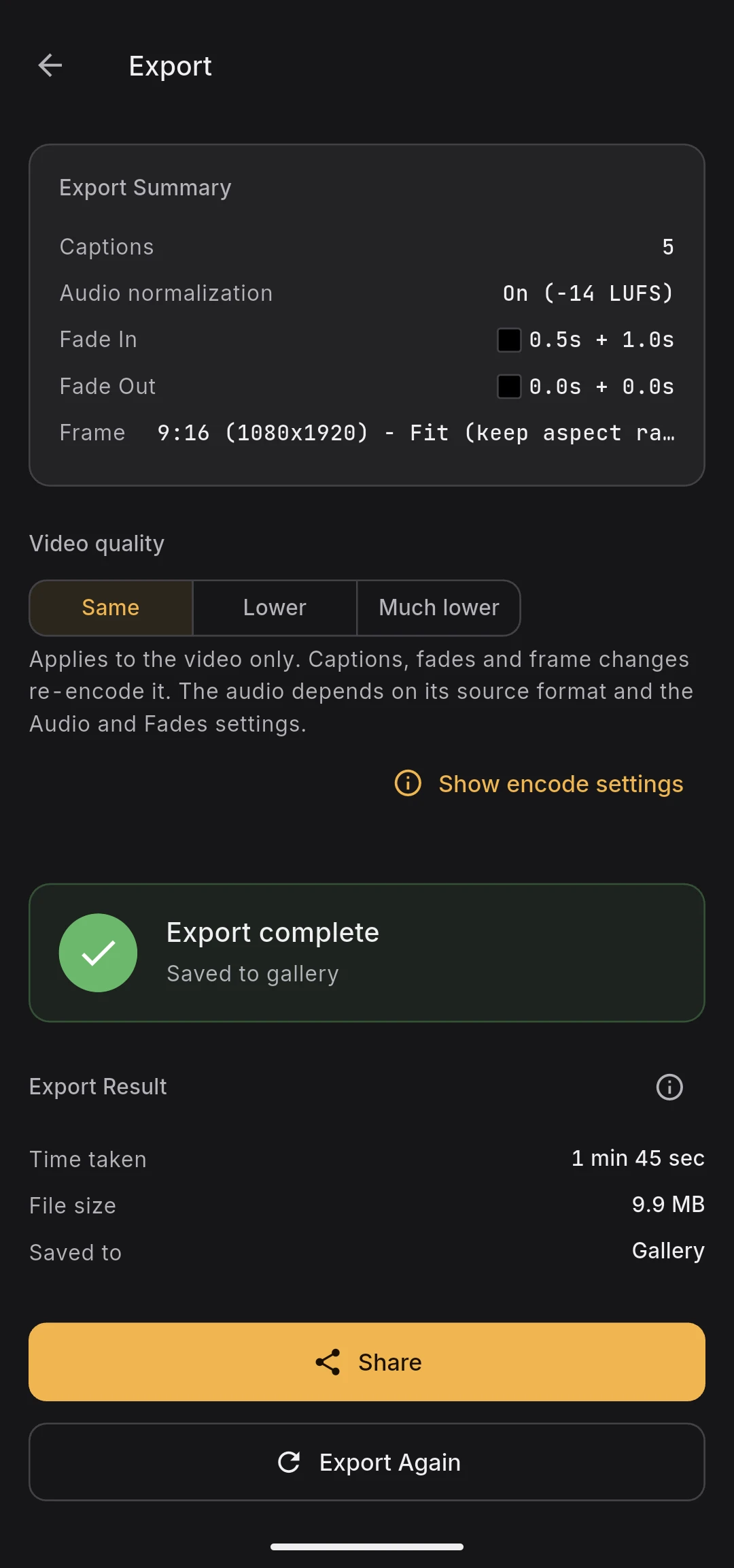 Result panel with time taken, file size, save location, and Export Again button