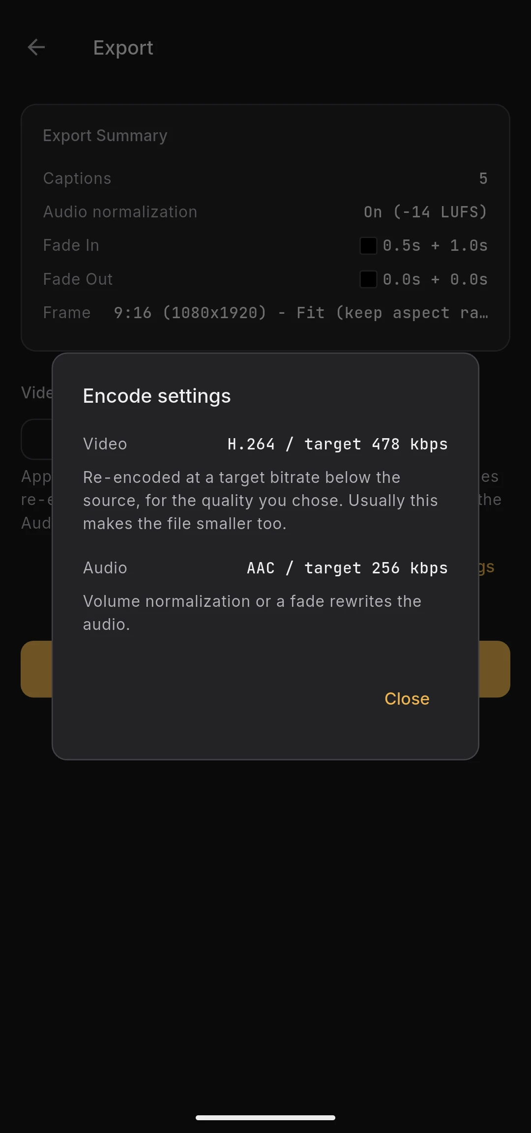 Encode settings dialog listing the video and audio streams with their planned action and reason