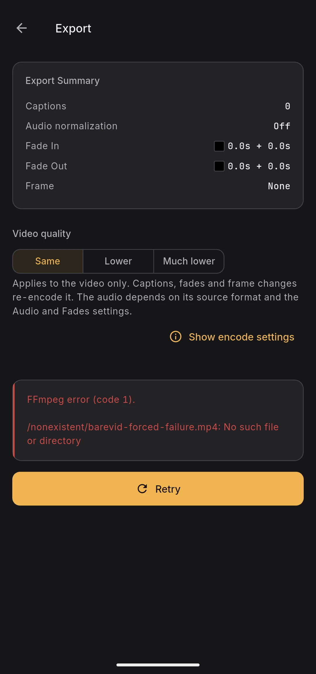 Error panel with FFmpeg error message and Retry button