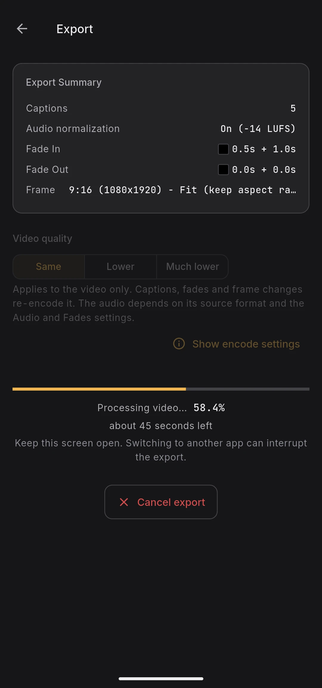 Export in progress with progress bar, Processing video status, percentage, and estimated time remaining