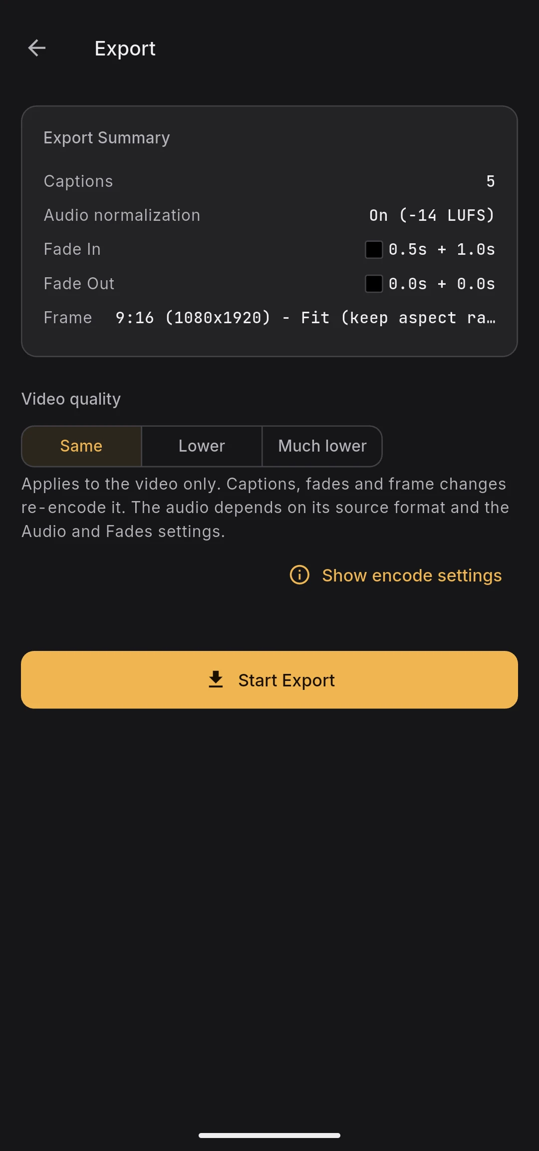 Export summary panel with caption count, LUFS target, fades, frame settings, and the export button