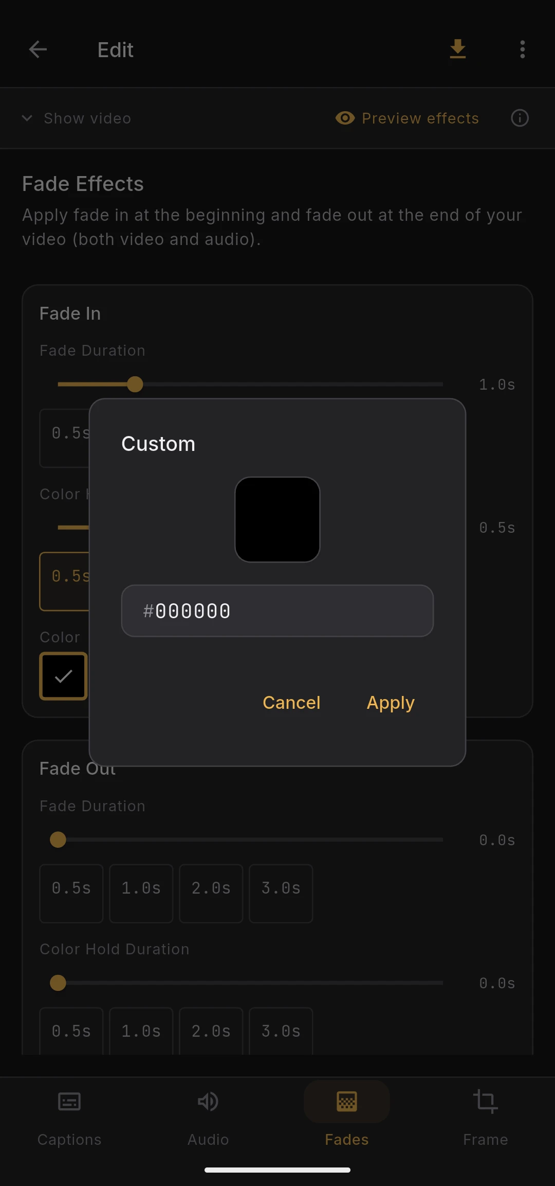 Fade color swatch picker open