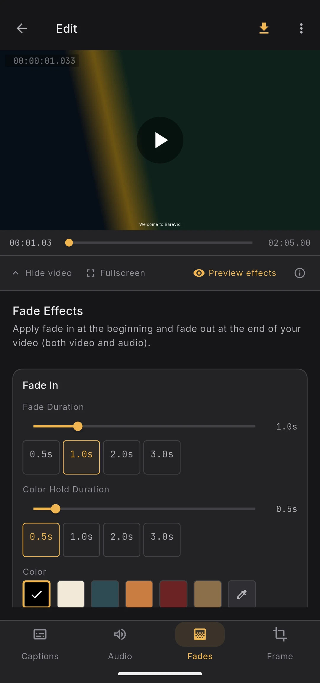 Video preview mid-fade-in at roughly 50% opacity