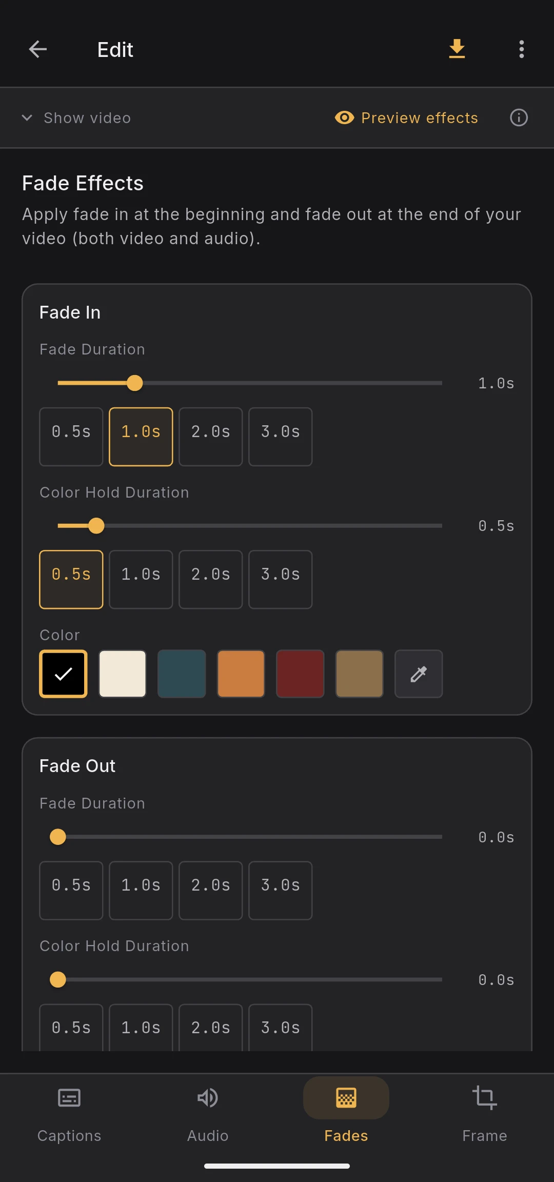 Fades tab with the fade in and fade out panels stacked vertically