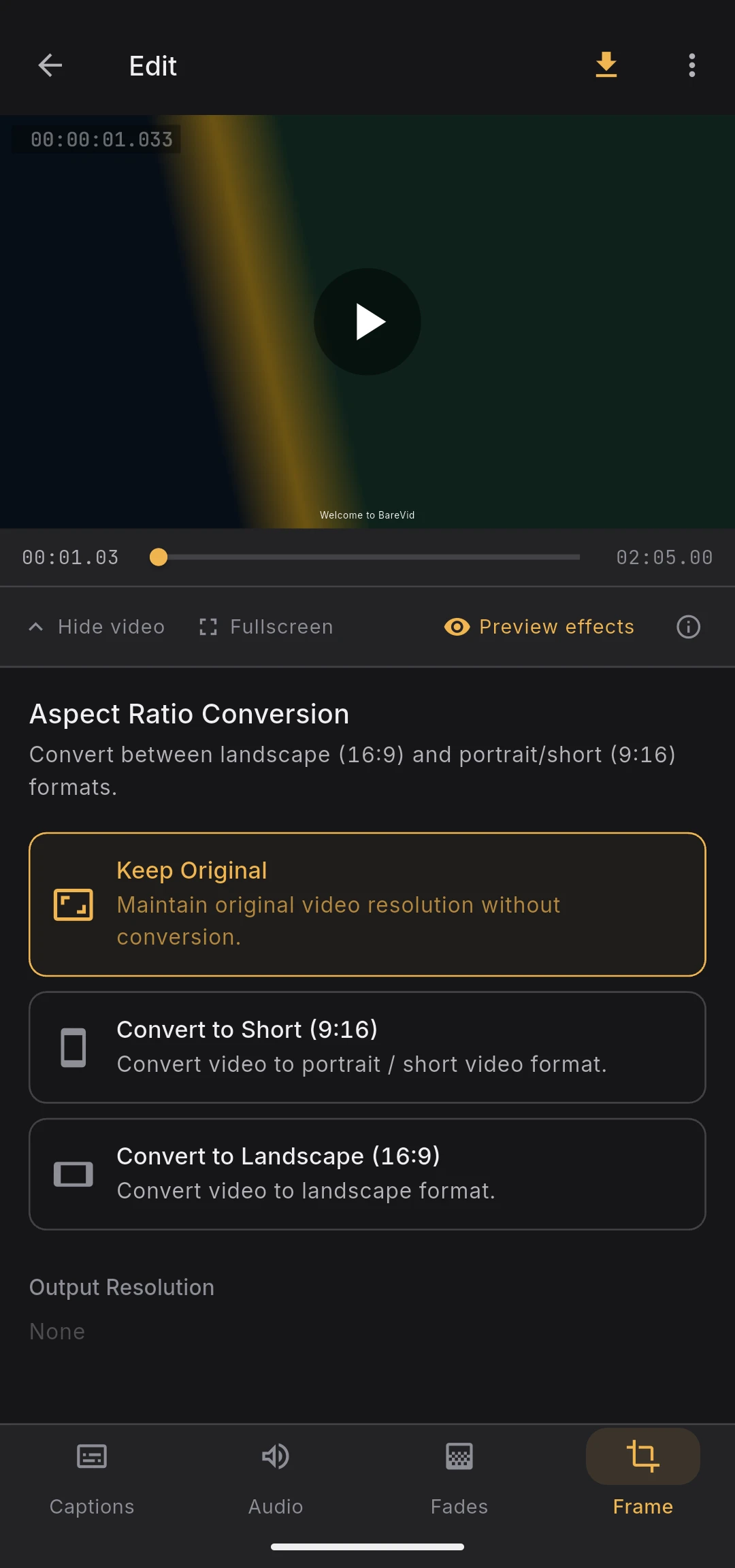 Aspect ratio mode toggles: keep original, 9:16, 16:9
