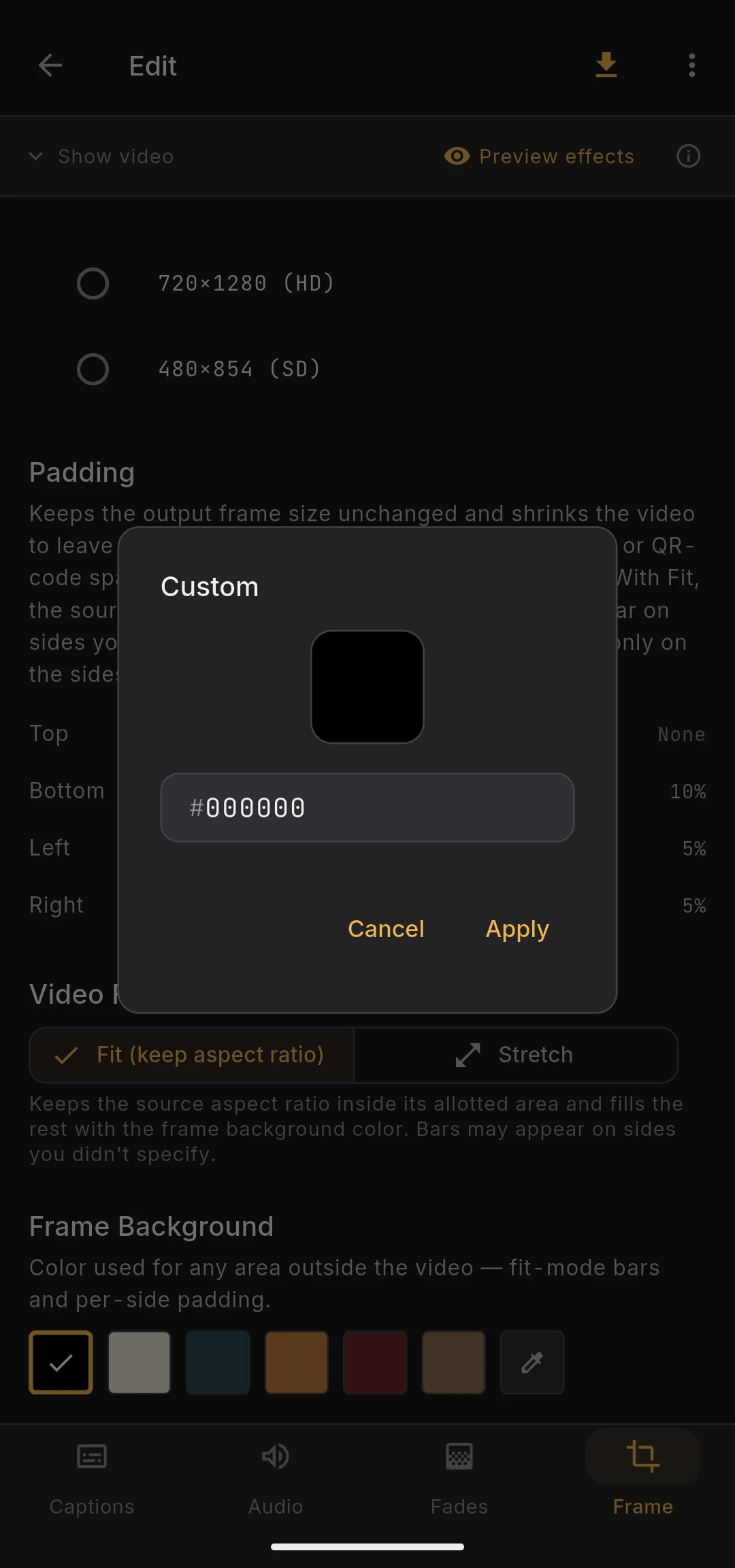 Frame background color swatch picker open