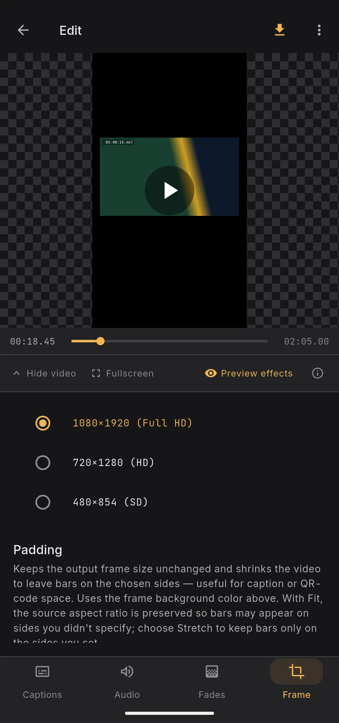 Frame preview showing checkerboard background, output frame, fit/padding bars, and the video