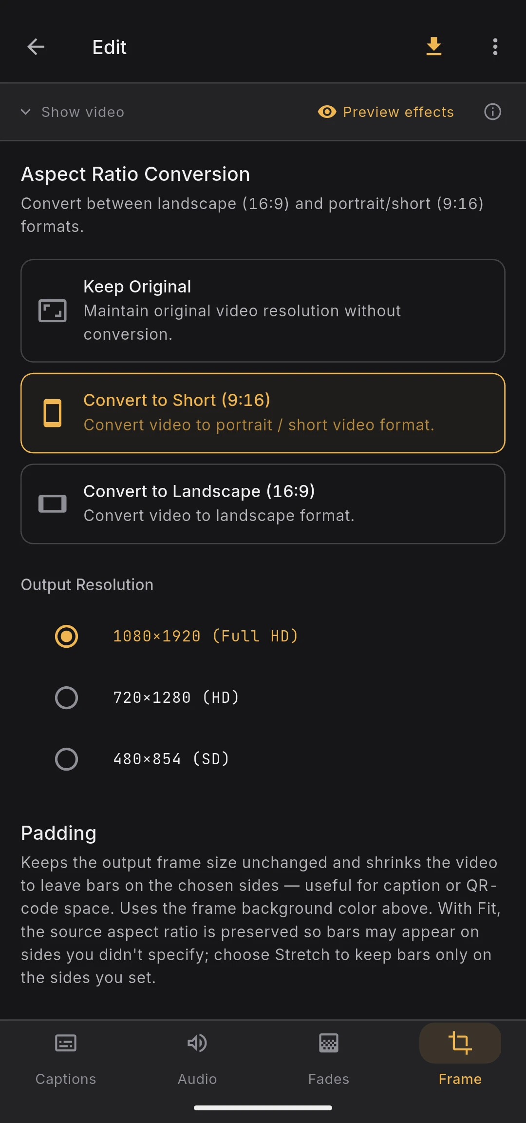 Frame tab with aspect ratio, fill mode, resolution, and padding controls