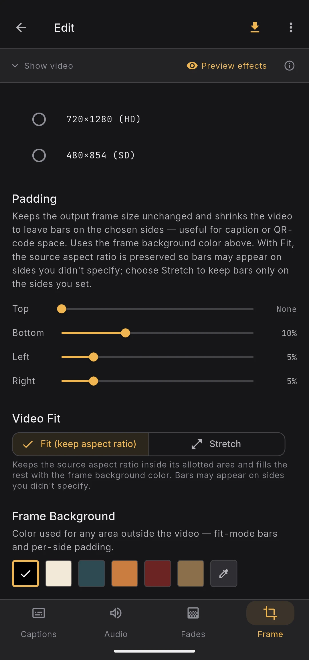 Padding sliders for Top, Bottom, Left, and Right with sample values applied
