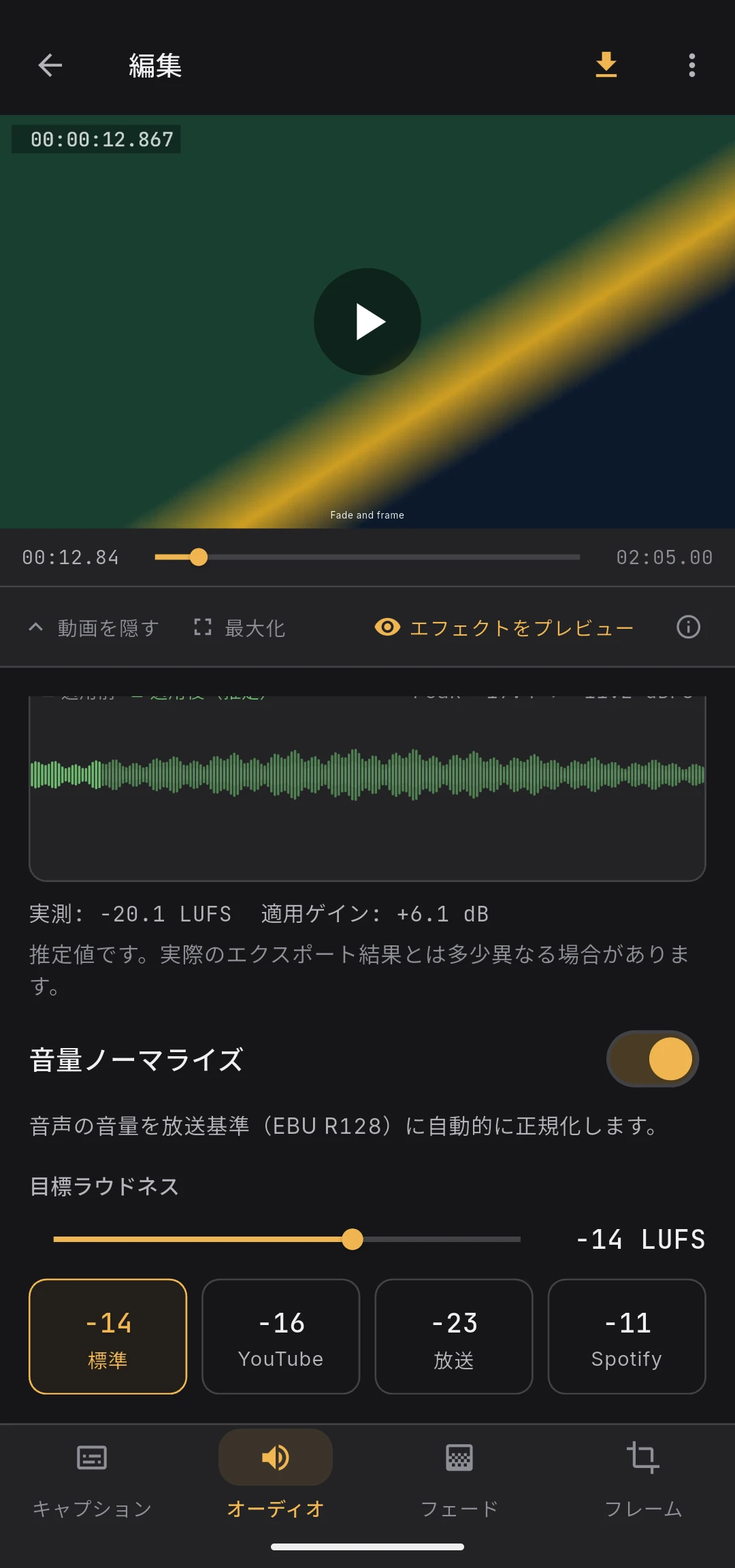 ラウドネスのプリセットボタン: standard / YouTube / broadcast / Spotify